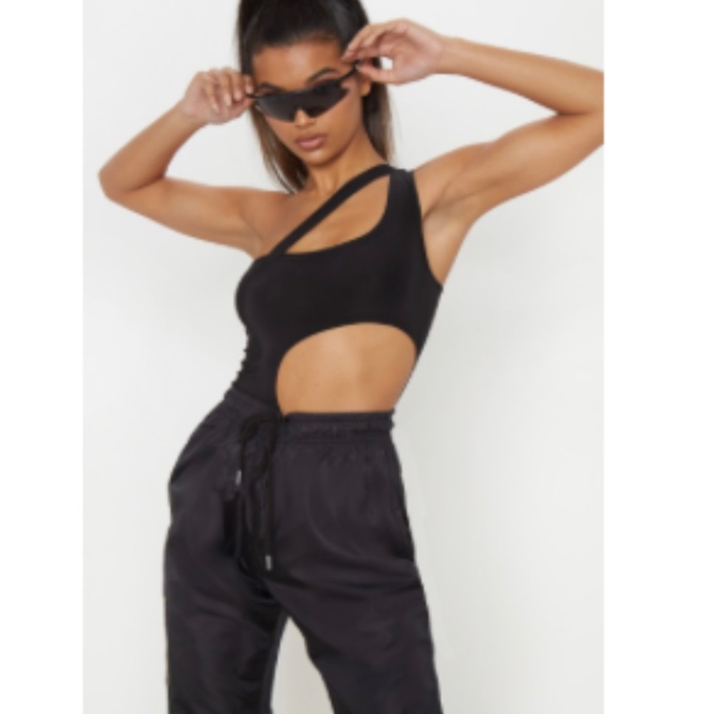 Black Slinky One Shoulder Waist Cutout Bodysuit
